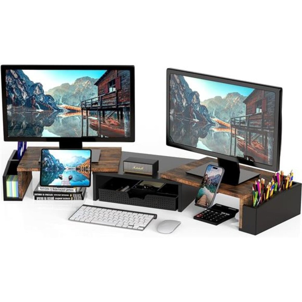 Simple Houseware Desk Dual Monitor Stand Riser with Drawer, Rustic Brown